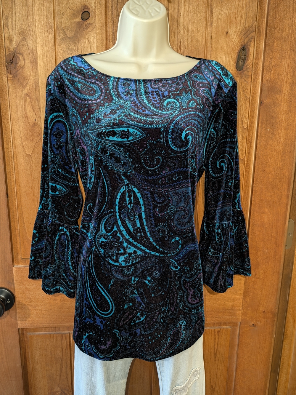 Tiana B. Velvet Paisley Bell-Sleeve Top - Teal & Black